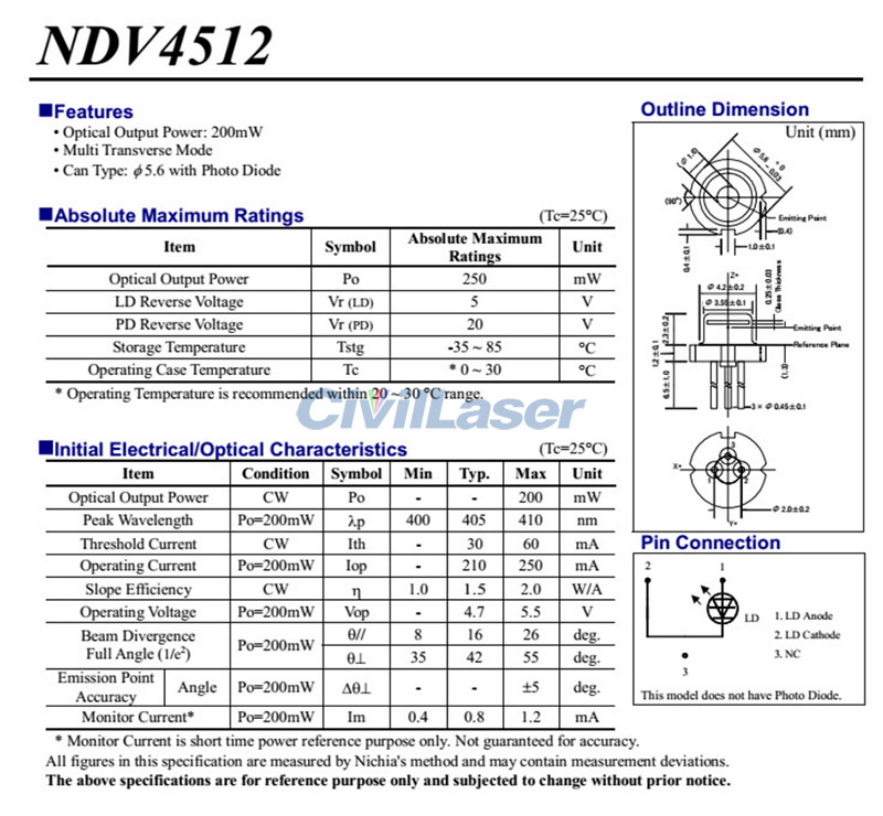 NICHIA 405nm 200mw NDV4512 blue violet 레이저 다이오드