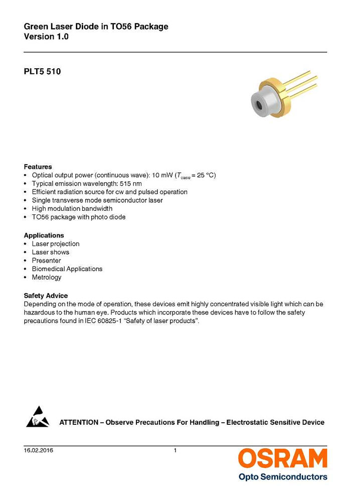 Osram 518nm 520nm 30mW 녹색 레이저 다이오드 PLT5 516 FA LD TO-18 5.6mm Package