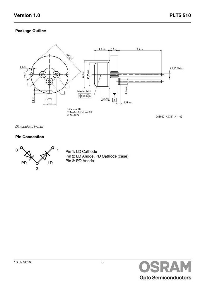 Osram 518nm 520nm 30mW 녹색 레이저 다이오드 PLT5 516 FA LD TO-18 5.6mm Package