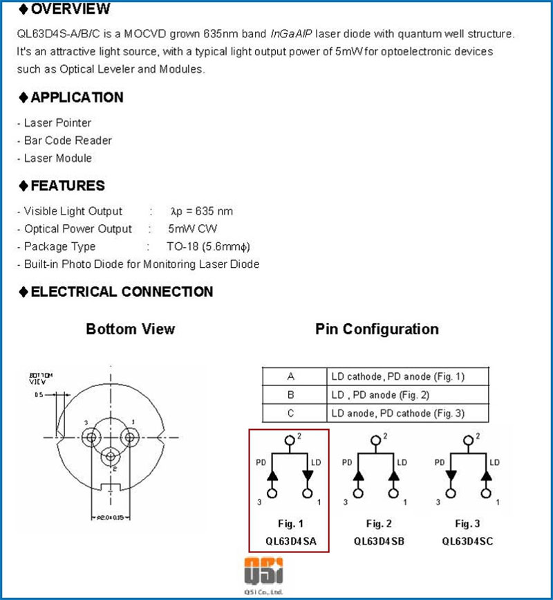 650nm 30mW 빨간색 레이저 다이오드 QSI High Quality LD QL65I7S TO-18