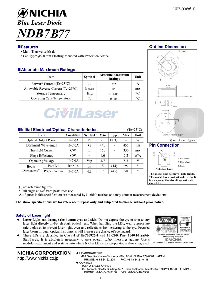 Nichia 450nm 2.3W blue laser diode NDB7B77