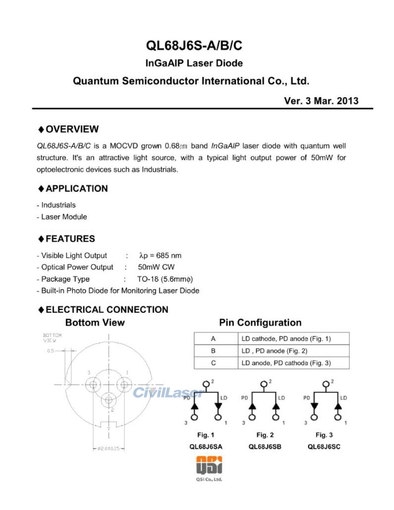 QSI 685nm 50mW 레이저 다이오드 빨간색 레이저 모듈 Diode QL68J6S TO-18 5.6mm