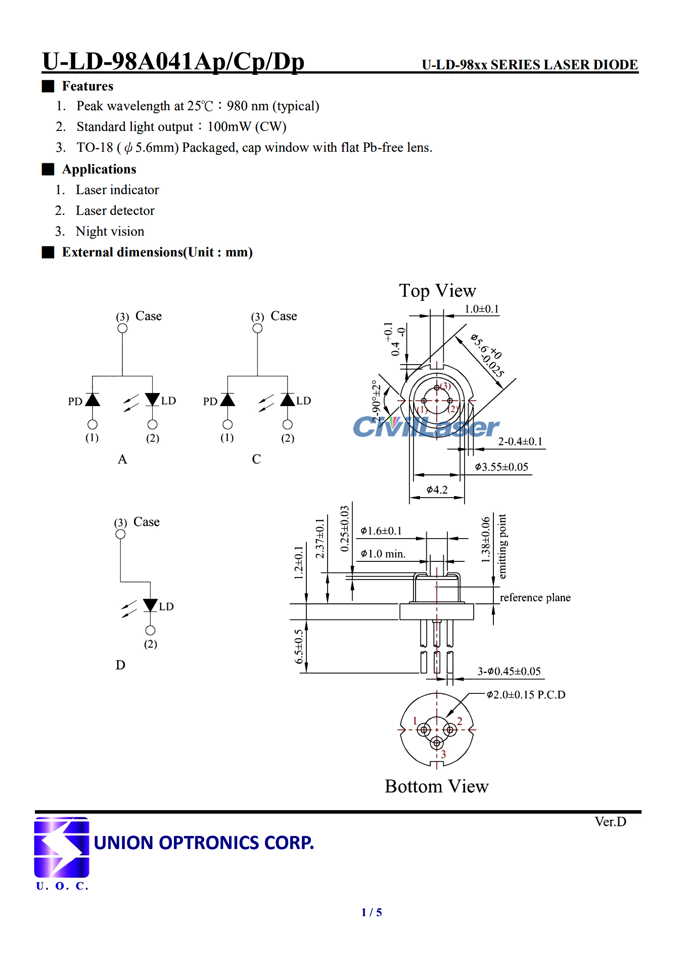 Union U-LD-98A041Ap/Cp/Dp 980nm 100mW IR 레이저 다이오드 TO18 Package